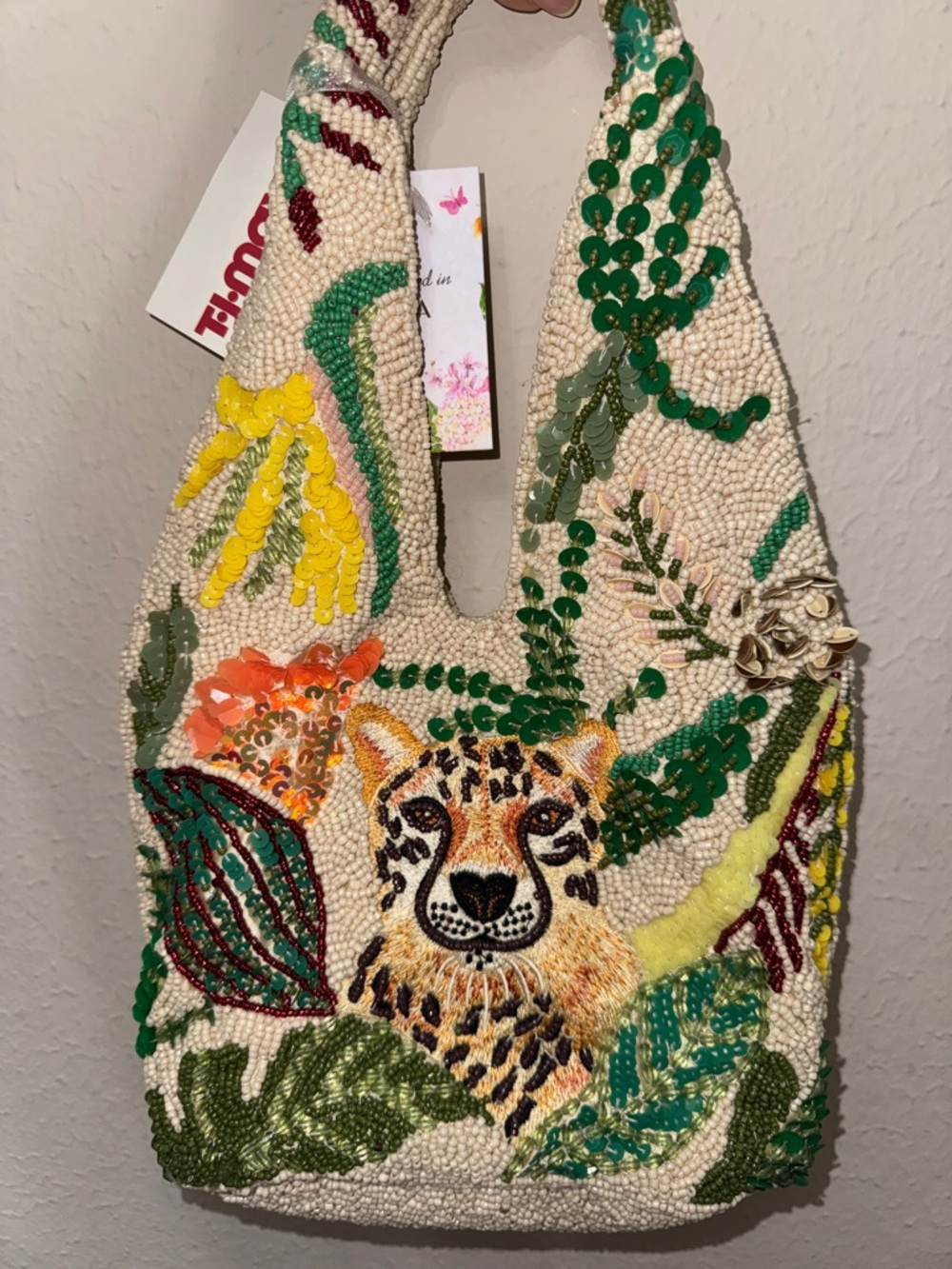 Beaded Jungle Leopard Shoulder Bag in Cream, Green, Yellow, Orange